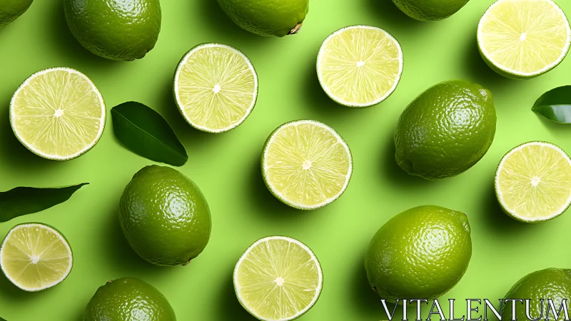 Vibrant whole and halved limes on luminous green backdrop.