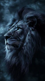 Moonlit lion portrait in dark monochrome profile view.