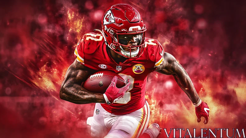 Digital painting of red football player sprinting through flames.