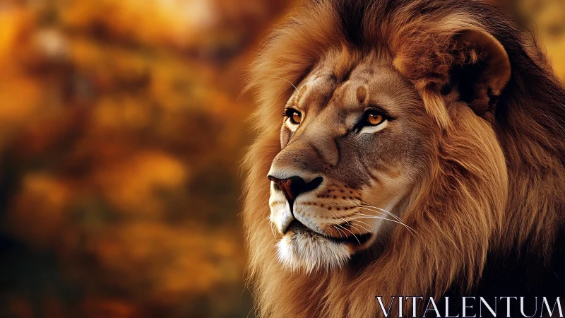 High-resolution lion head profile with autumnal bokeh field.