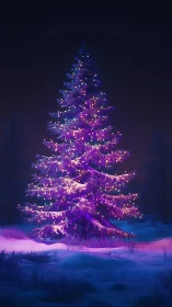 Snow-draped fir tree with luminous multicolor festive lights.