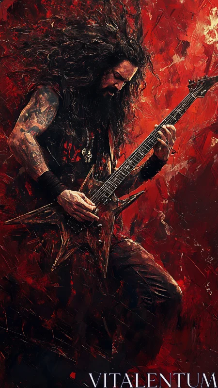Metal guitarist shreds against a blazing abstract backdrop.