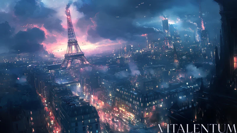 Cyber-noir Paris skyline renders storm-lit Eiffel Tower glow