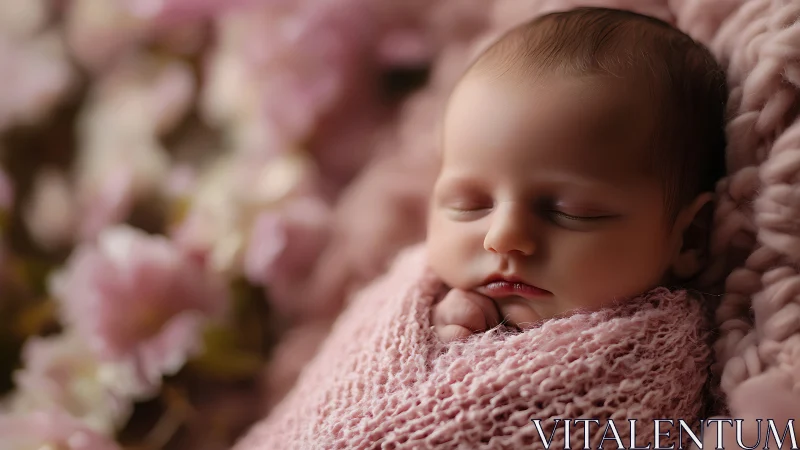 Peaceful newborn baby wrapped in soft pink blanket