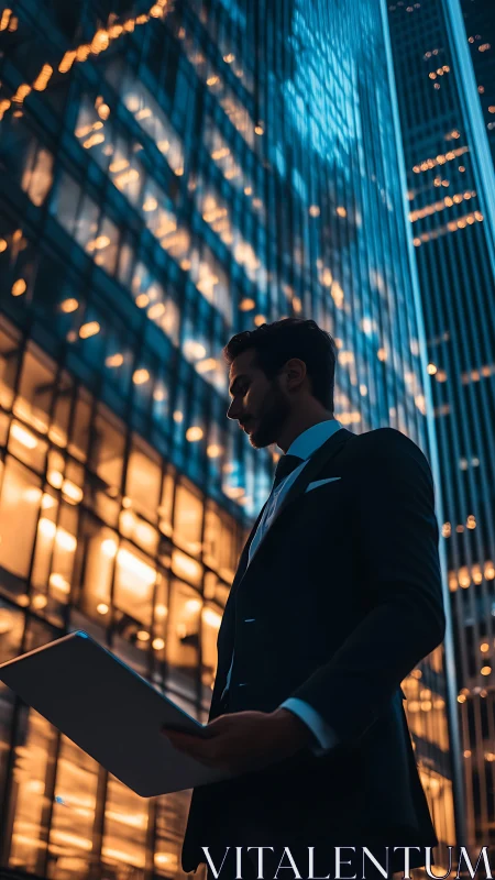 Business professional with laptop stands before illuminated urban towers at twilight.
