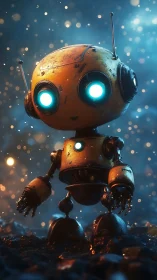 Rustic bokeh-lit robot rendered in cinematic 3D detail