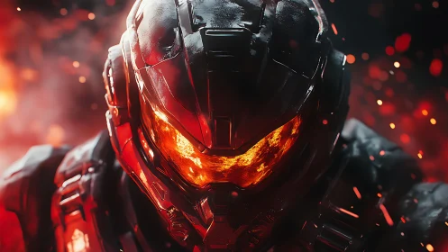 Molten visor hero in blazing sci fi battle glow.