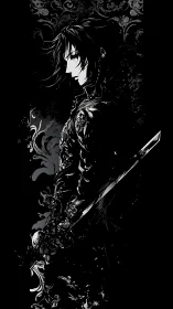 Dark anime swordsman in ornate monochrome profile portrait.