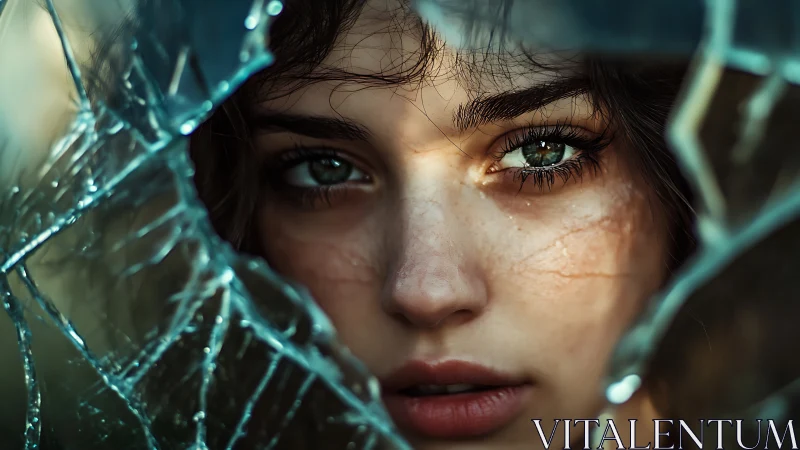 Gentle gaze emerging through shimmering broken glass.