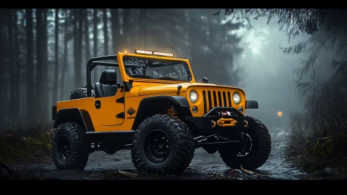 Yellow off-road Jeep dominates misty forest trail at dusk.