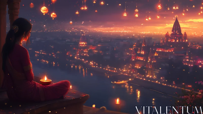 River of lamps and dusky temple dreams in saffron twilight.