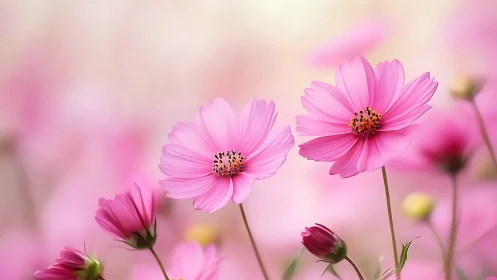 Pink cosmos flowers in soft focus bloom field