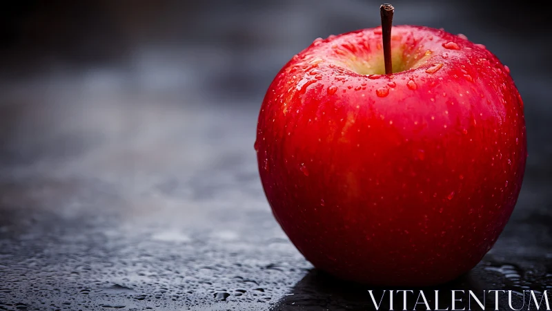 Red apple glows under soft light on wet dark surface.