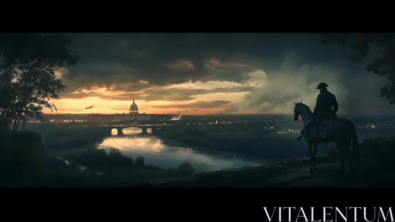 Silhouetted rider observes illuminated city across river