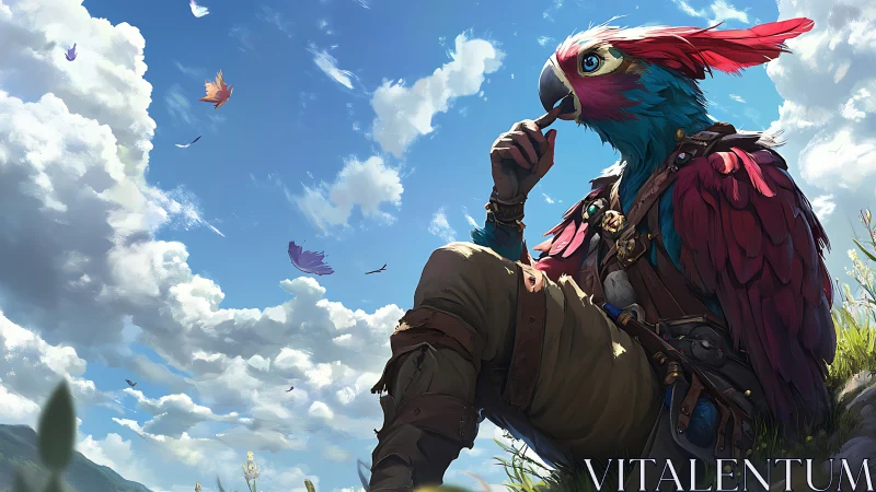 Vibrant Fantasy Parrot Warrior Relaxing in Lush Meadow, Digital Art.