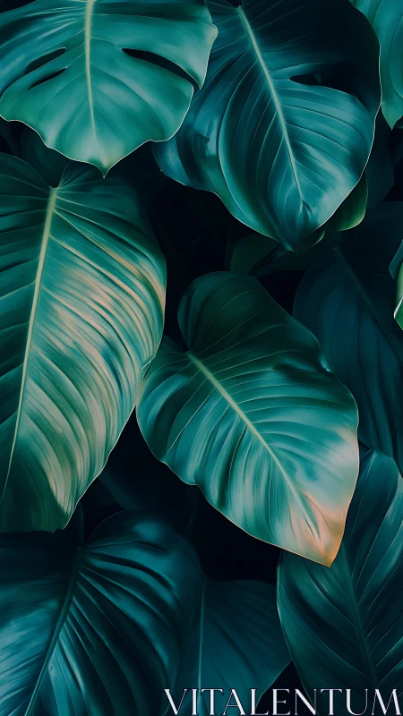Dense tropical leaves fill the frame with cool teal tones
