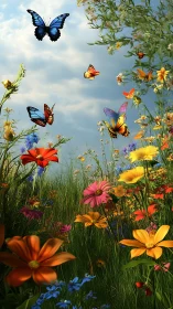 Butterfly Garden Under Blue Sky with Colorful Blooms.