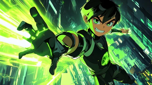 Energetic cyber-hero in green plasma-ignited urban descent.