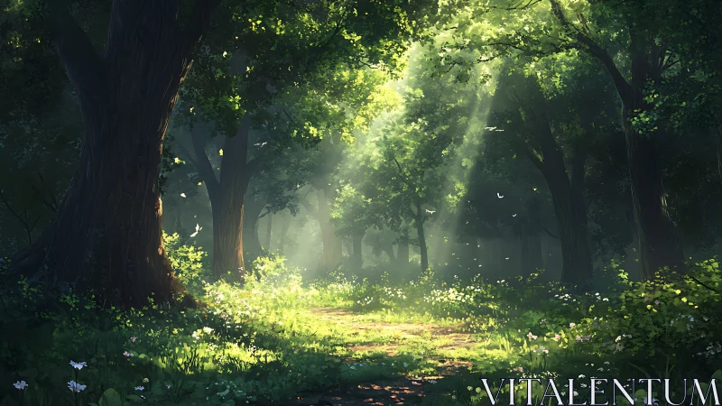 Luminous forest glade bathed in ethereal sunlight through ancient trees