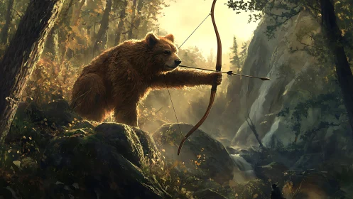 Anthropomorphic bear archer aims bow in sunlit forest ravine