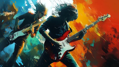 Dynamic rock guitarists in motion against contrasting color fields