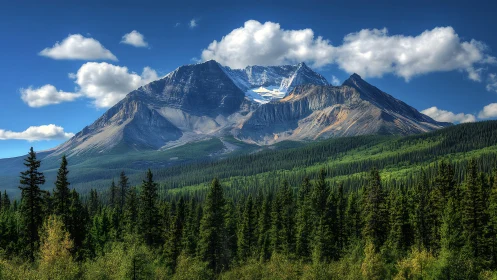 Sunlit alpine peak towering over dense evergreen forest.