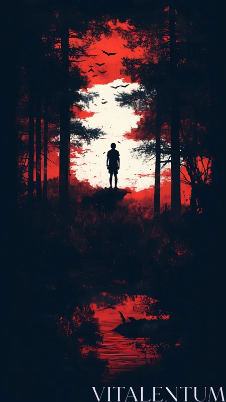 Silhouetted wanderer above crimson forest reflection at dusk.