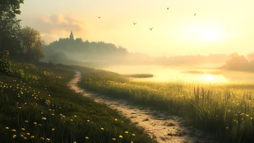 Sunlit riverside path winding toward a misty distant steeple.