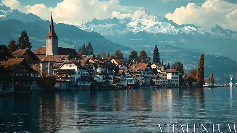 Lakeside alpine village dreaming beneath snow crowned peaks.