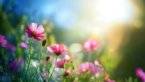 Pink cosmos flowers bloom in soft sunlight bokeh.