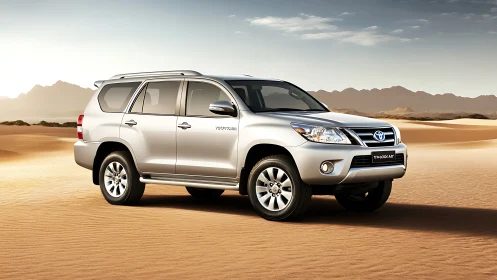 Silver desert cruiser pausing mid-dune in warm sunlight.