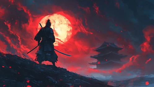 Digital painting of lone samurai under burning crimson moon.