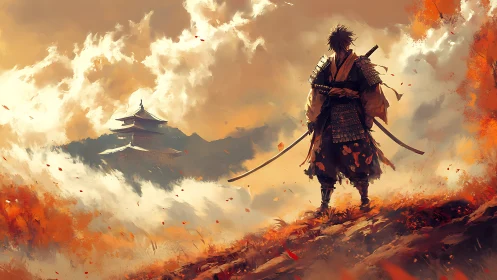 Lone samurai surveys misty temple amid blazing autumn skies.