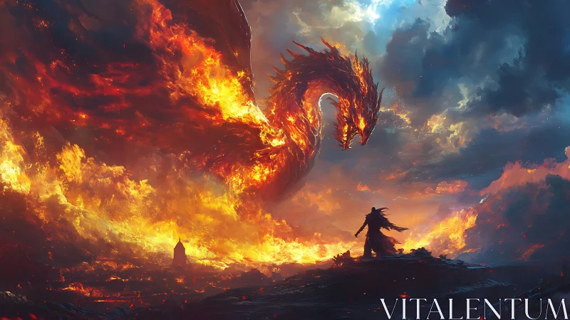 Fireborn dragon unfurls above lone hero on a stormlit ridge.