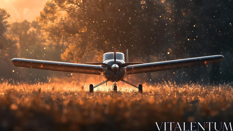 Light aircraft rests in glowing meadow under warm sunset rain
