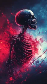 Luminous crimson skeleton erupting in nebular flames.