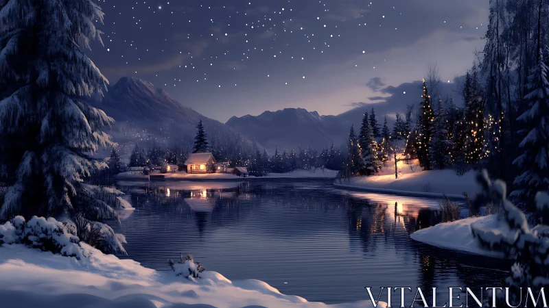 Snow-covered lakeside cabins under clear winter night sky