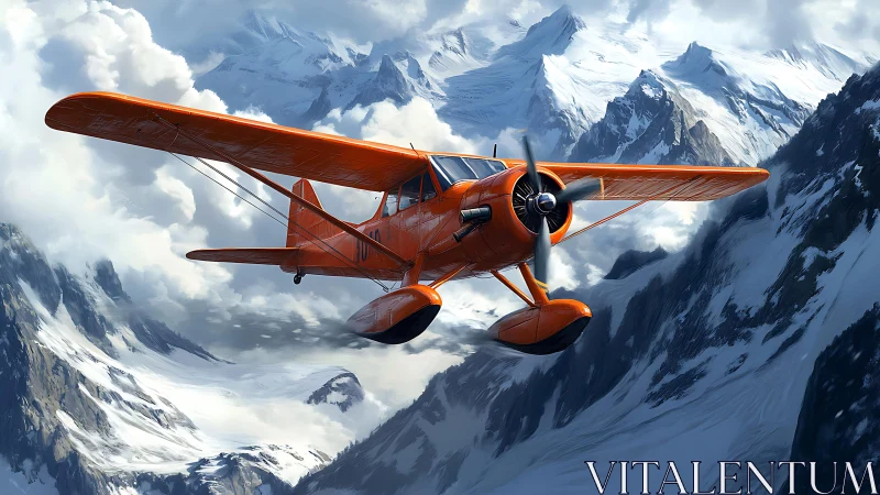 Bright orange bush plane cuts through alpine valley with radial engine