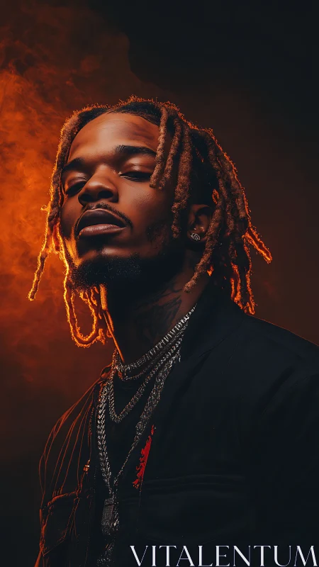 Cinematic low-key portrait with rim-lit dreadlocks and smoke