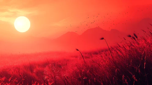 Crimson grassland sunset with silhouetted distant mountains.
