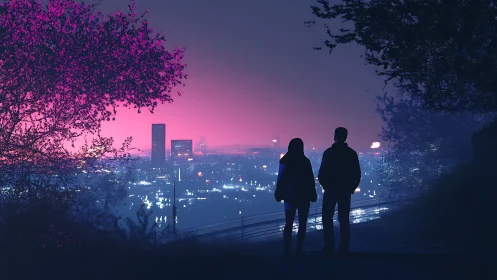 Two souls witness the city's electric glow at dusk