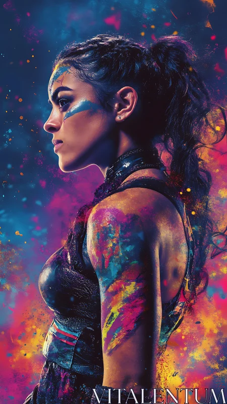 Neon warrior poised in storm of electric color and courage.