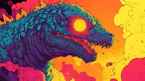 Gigantic reptilian creature in neon smoke filled environment.