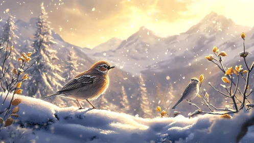 Two Birds in Snowy Mountain Forest at Sunrise, Digital Art Style.