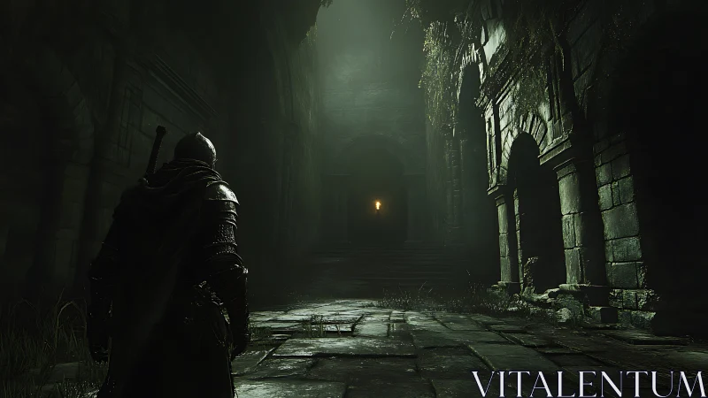 Lone armored wanderer steps into a misty, torchlit ruin