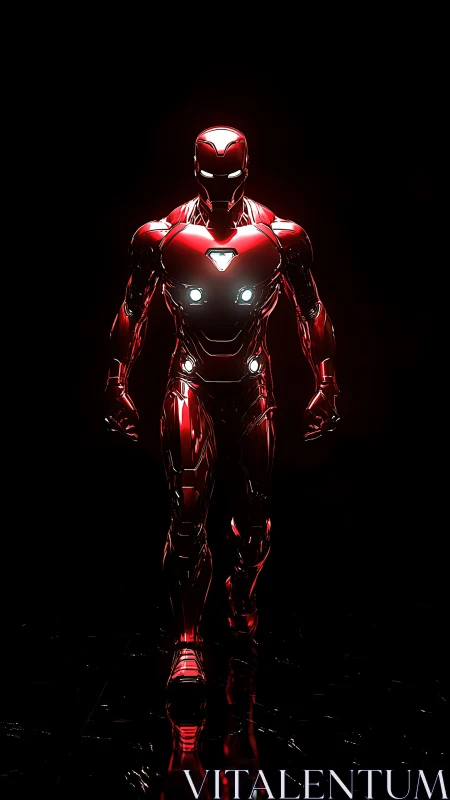 Chrome-clad hero strides from the dark with burning cores