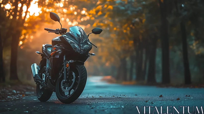 Sport motorcycle on wet forest road under warm bokeh backlight