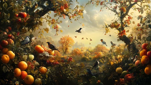 Orchard birds in luminous autumn valley panorama.