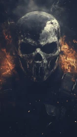 Burning skull mask silhouette in dark fiery atmosphere.