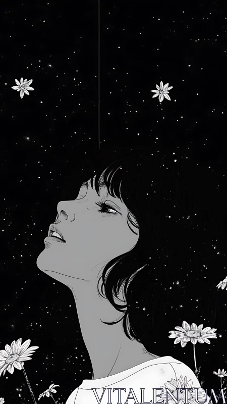 Monochrome profile portrait gazing into cosmic floral night.